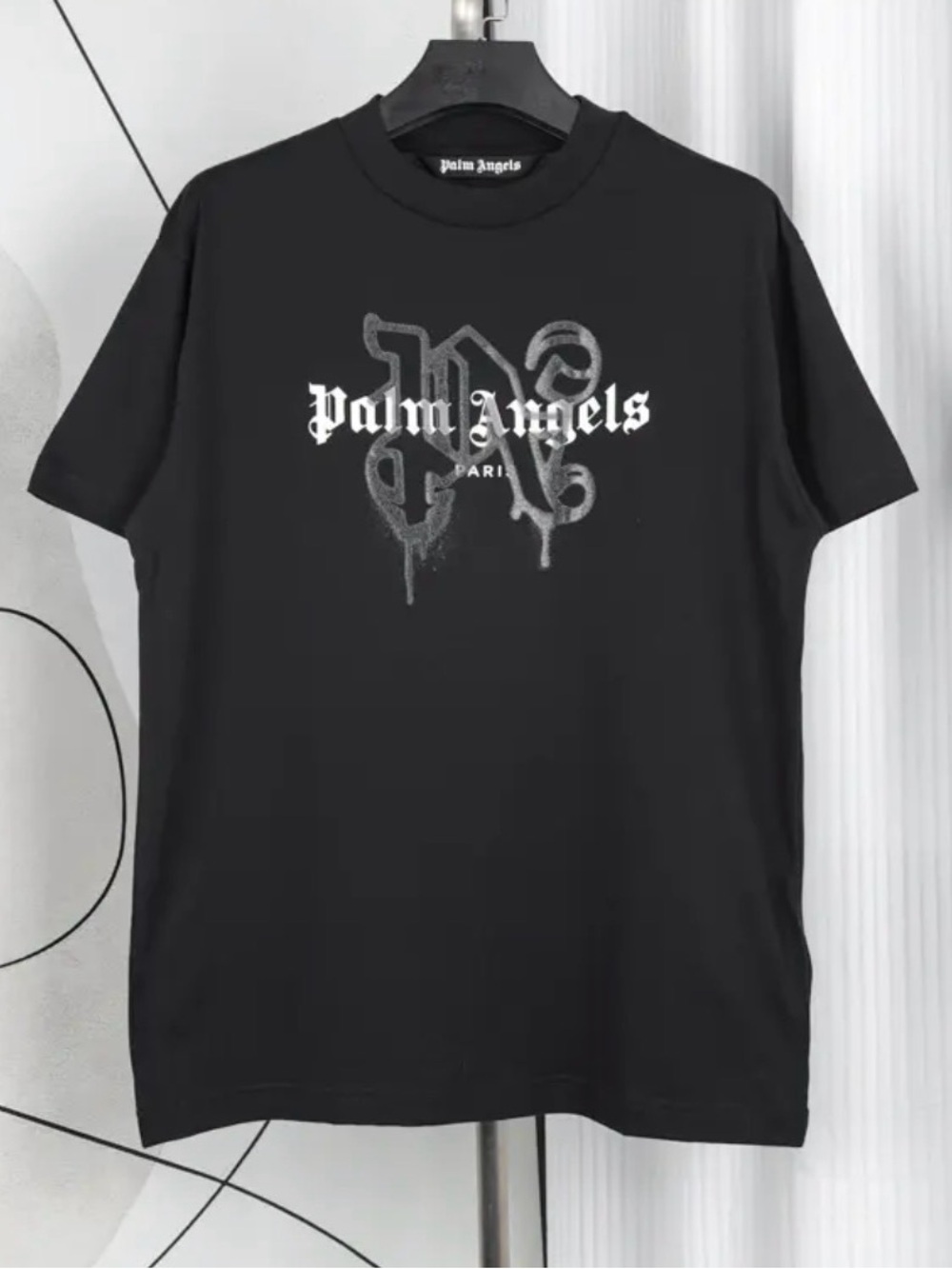 Palm Angels Black T-Shirt with White Gothic Logo
